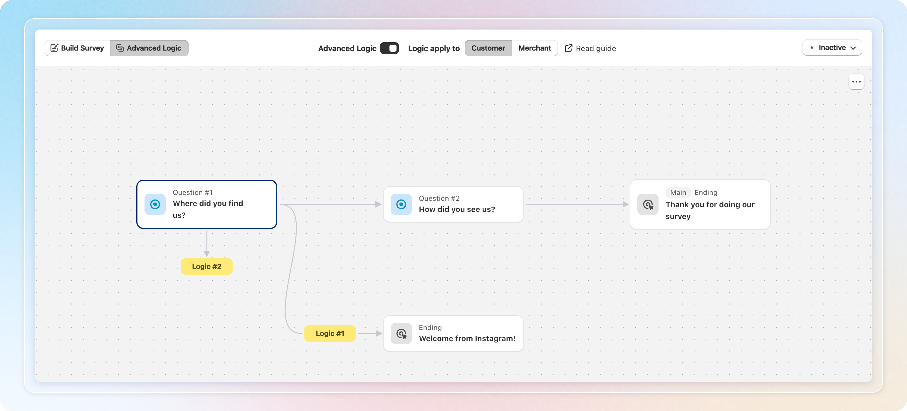 The Advanced Logic canvas with the default journey on the top lane