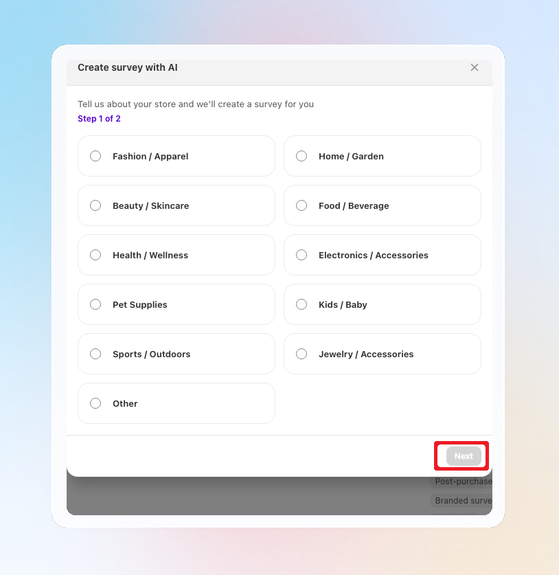 Create survey with AI modal, Step 1 of 2, industry picker