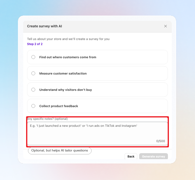 Notes field highlighted in the Create survey with AI modal, Step 2 of 2