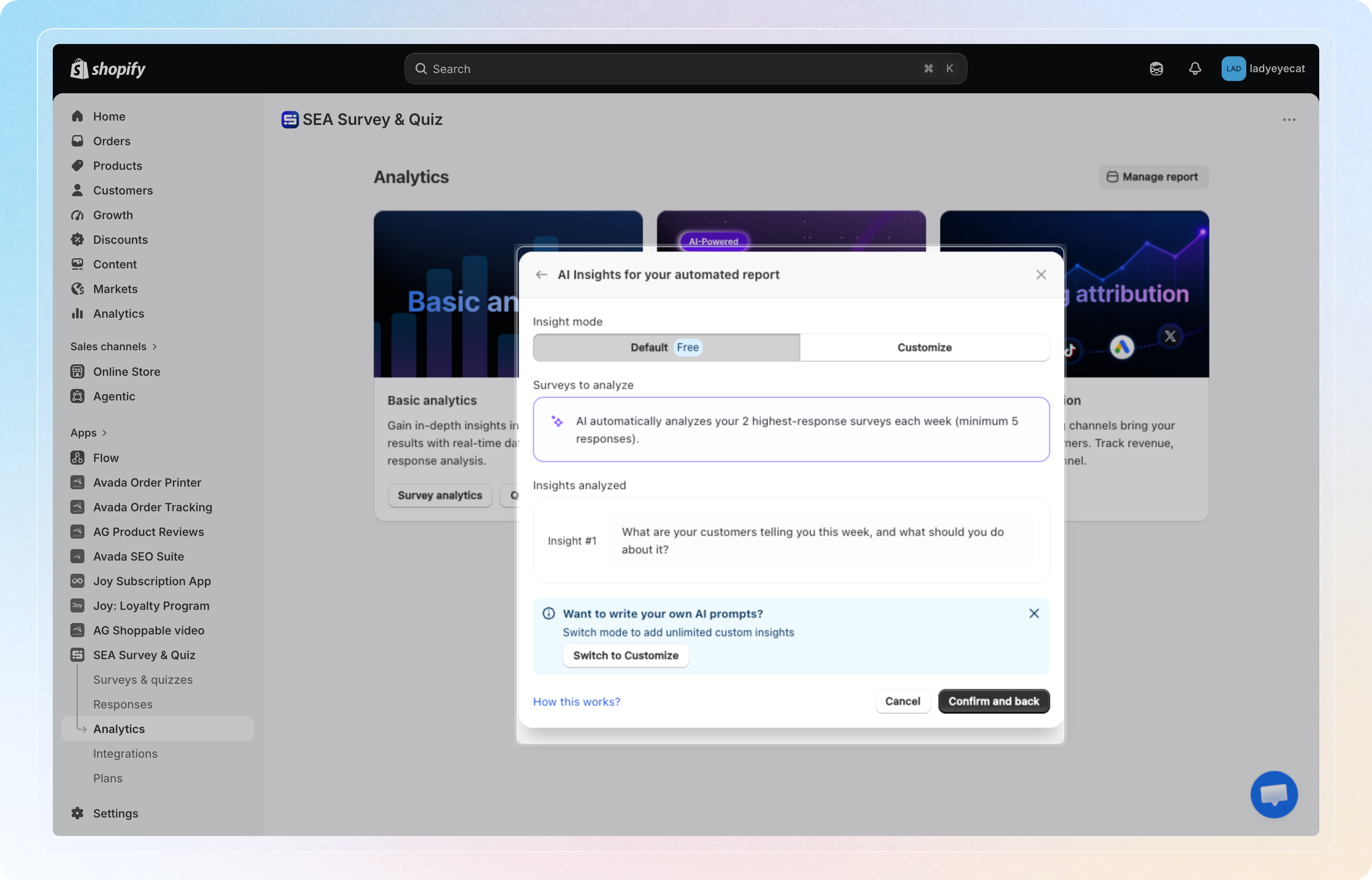 AI Insights sub-modal in Default mode, with the fixed insight and a nudge to switch to Customize