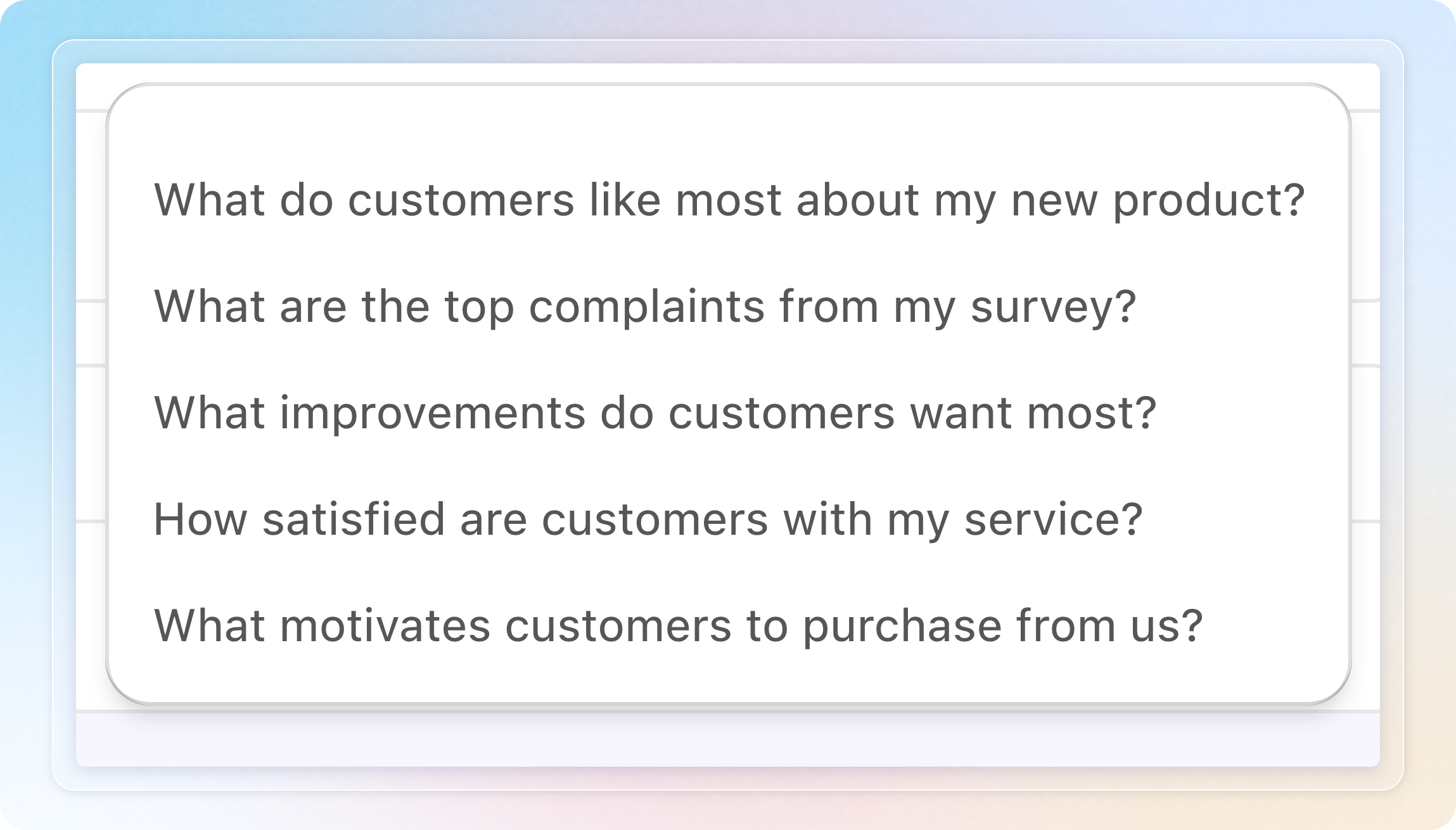 Suggested questions popover with 5 sample prompts for Customize mode