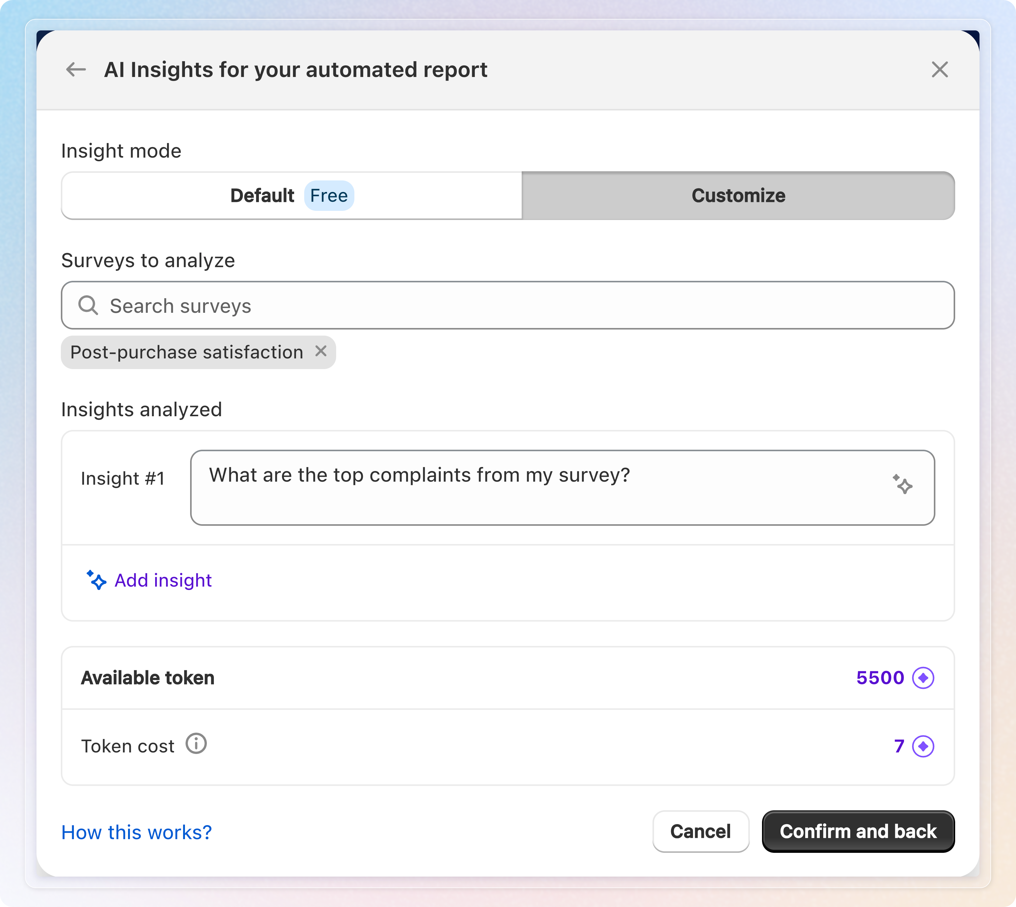 AI Insights modal showing Available token balance, Token cost, and an active Confirm and back button