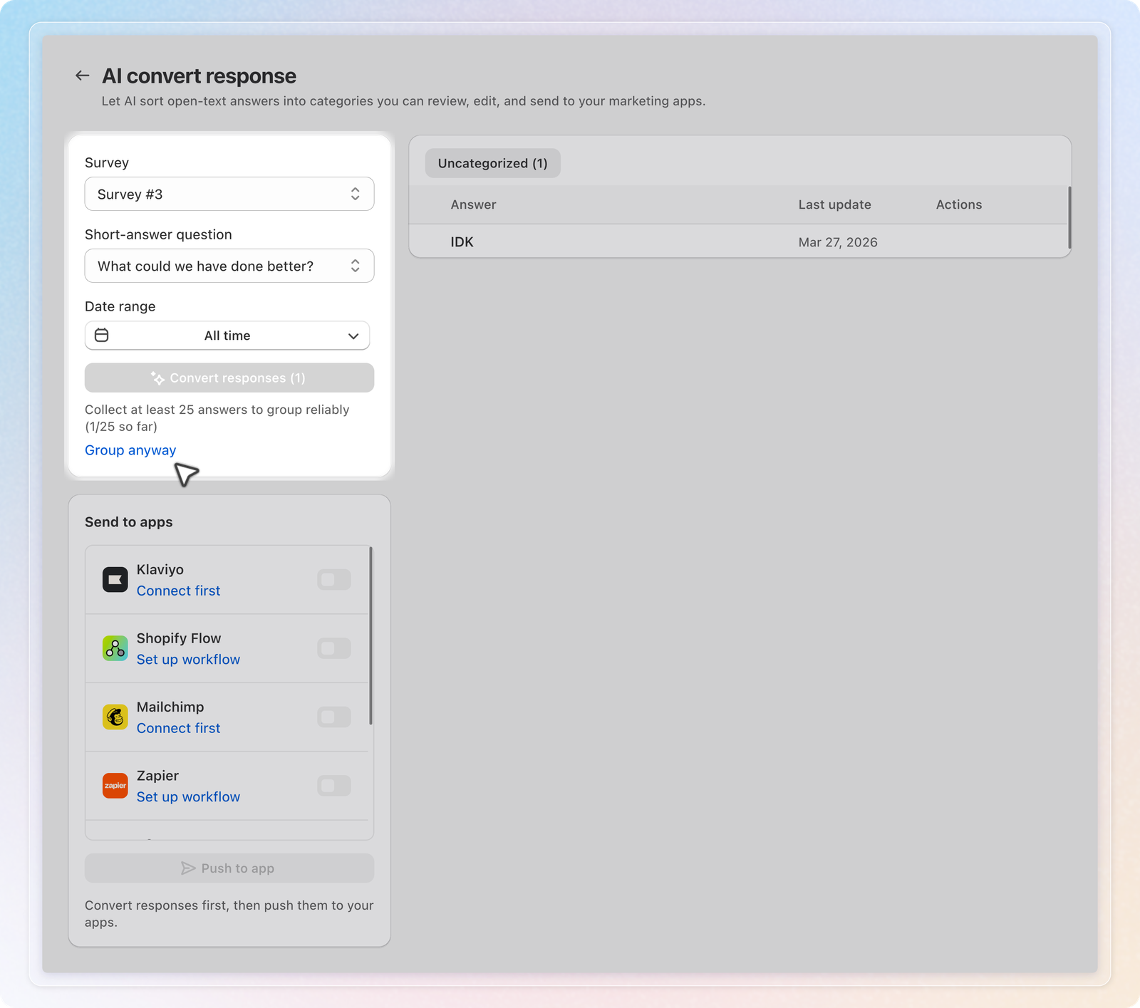 The AI convert response page with the convert card, the Send to apps card and the answers table