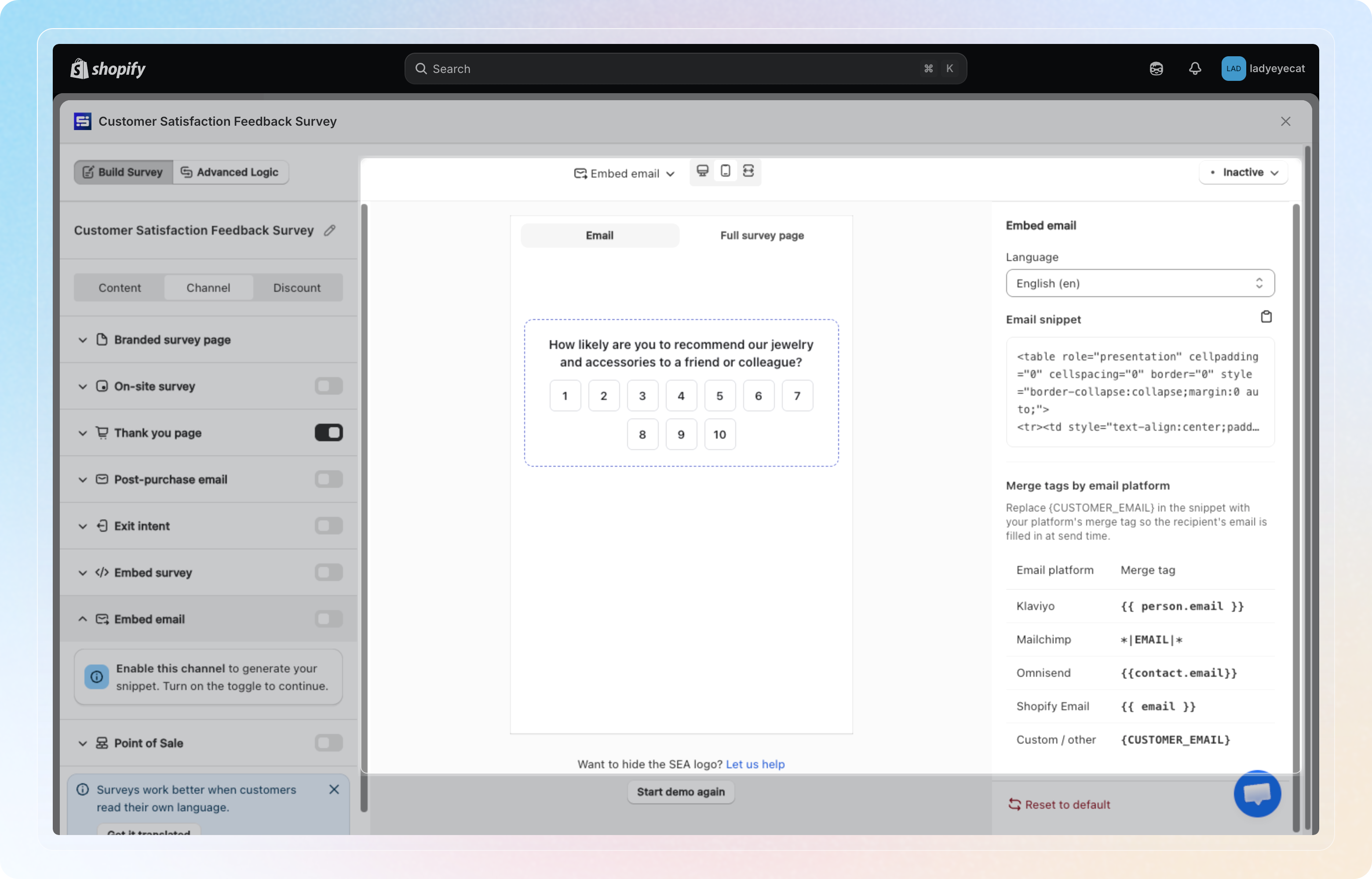 Embed email channel panel, showing the email preview and merge tag table