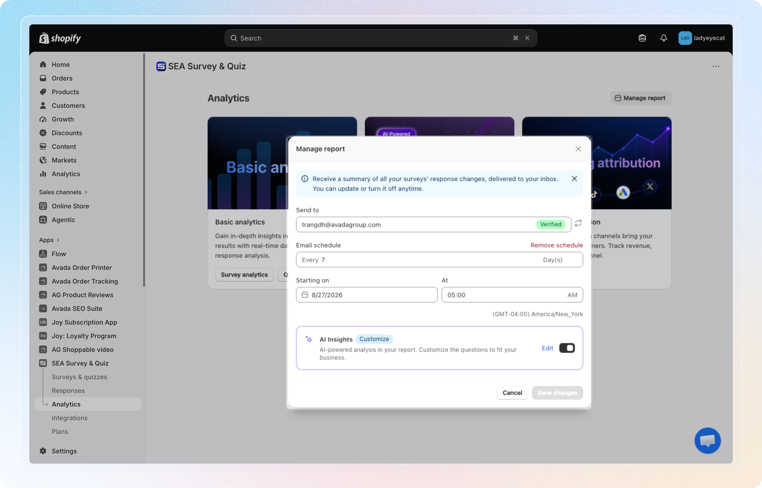 Manage report modal, showing send-to email, schedule, and the AI Insights card