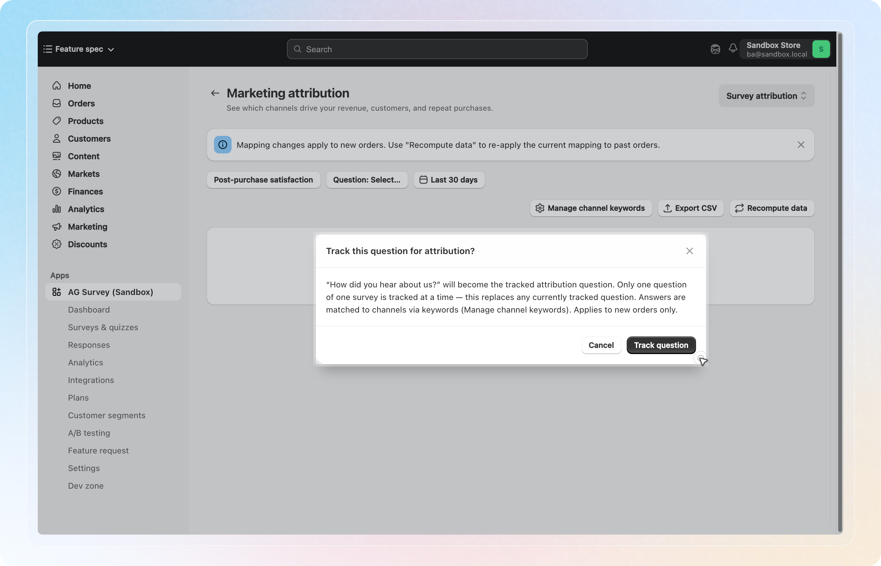 Confirmation dialog before tracking a question for attribution