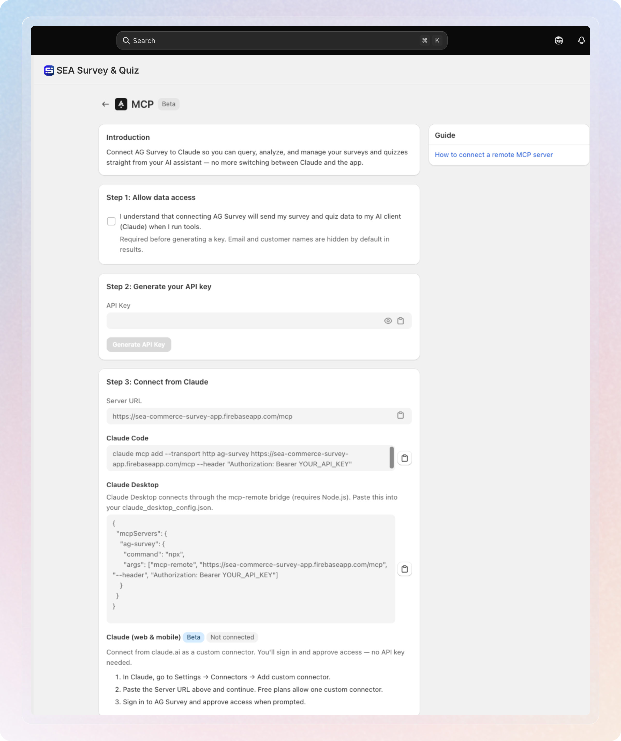 MCP setup page with the 3 setup steps and connection details for Claude