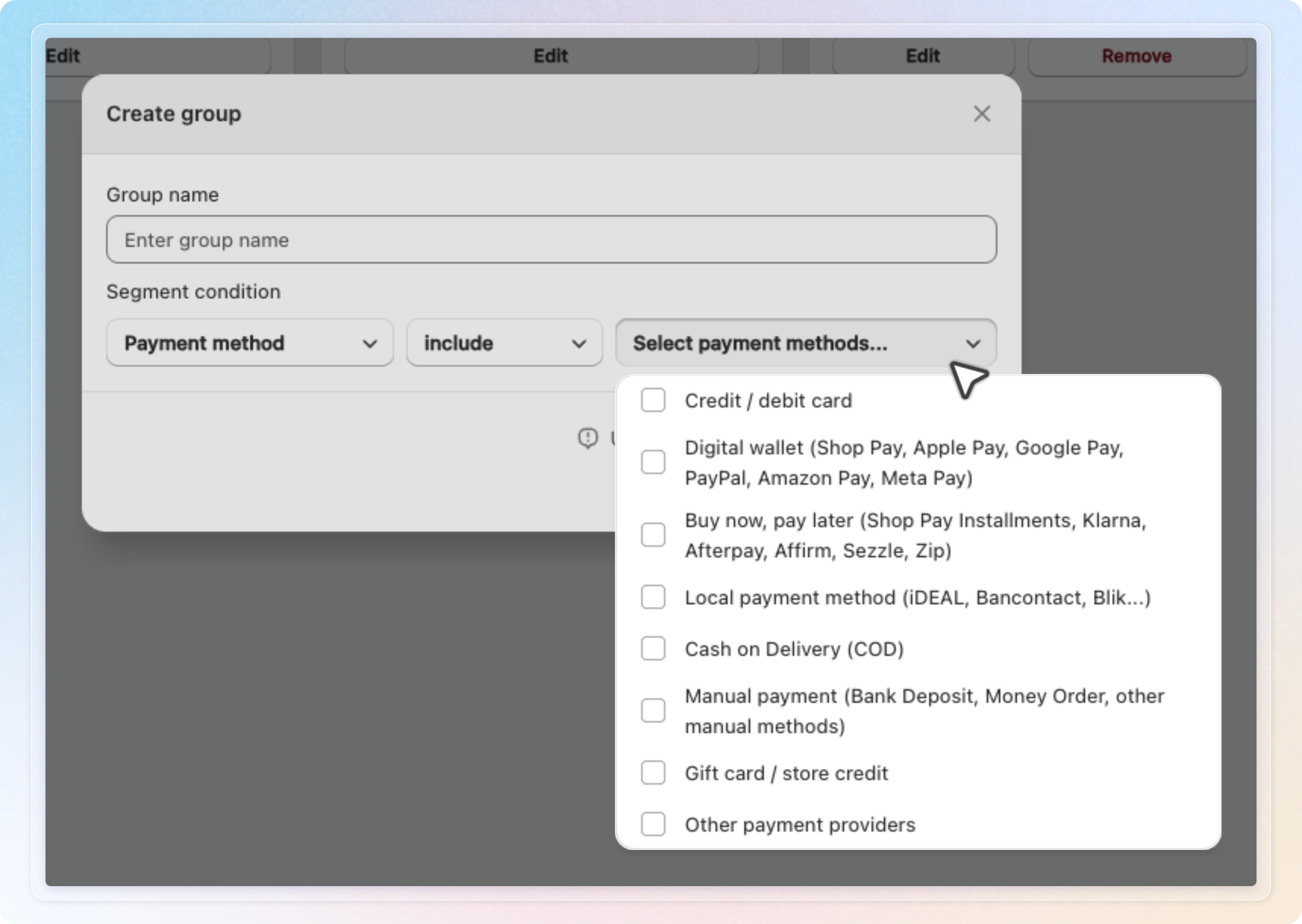 The eight payment method groups in the Select payment methods list