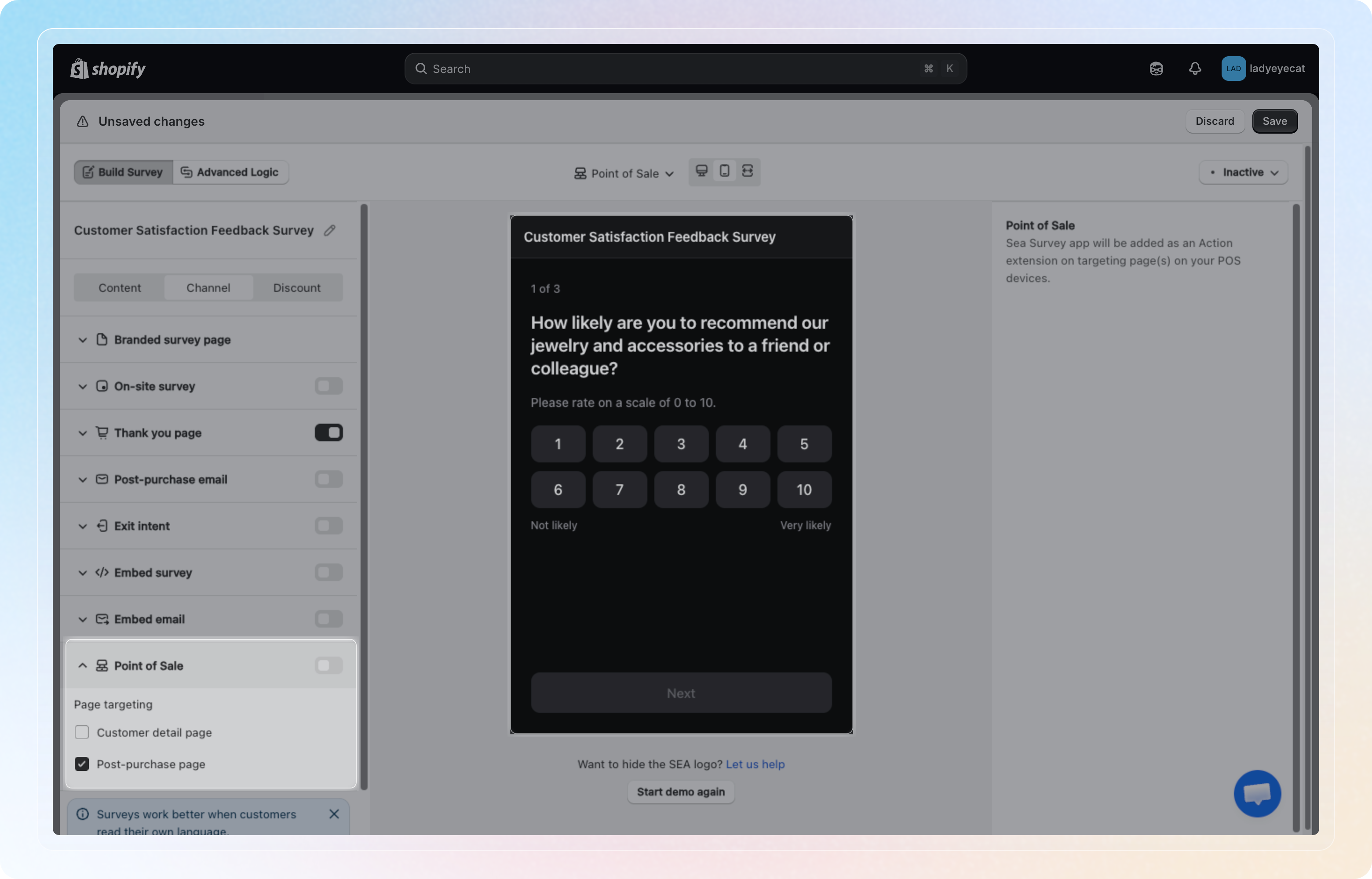 Point of Sale channel panel, showing the dark POS preview and page targeting checkboxes