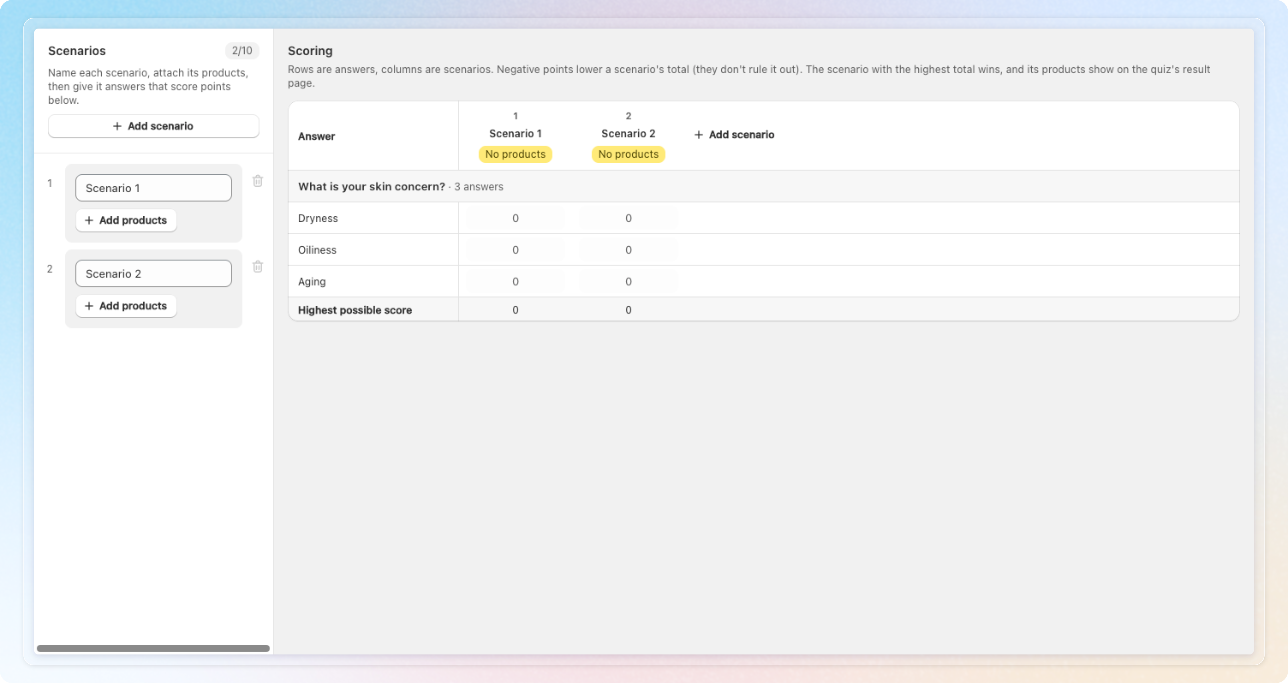Score mode builder with the Scenarios panel and the Scoring grid