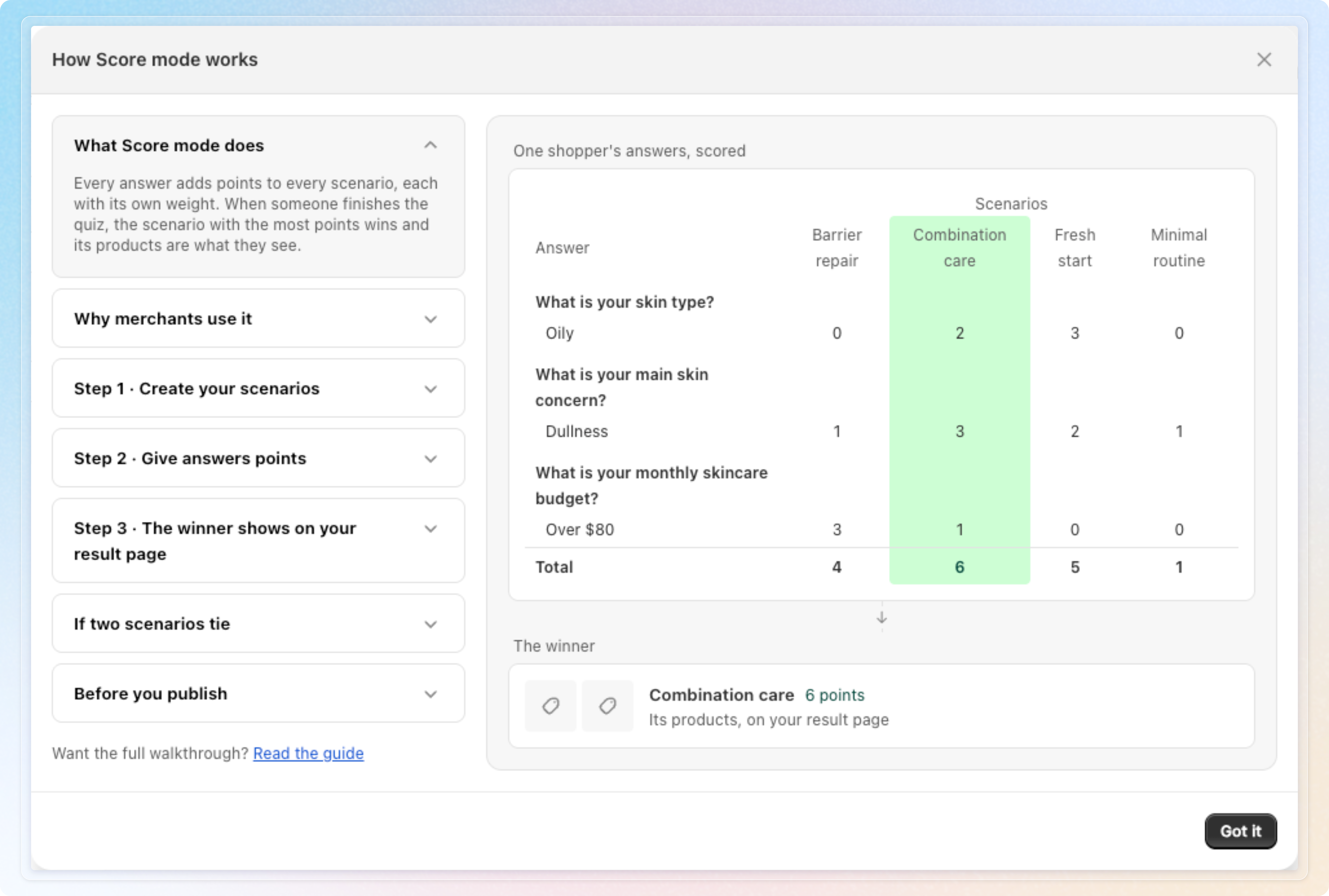 The How Score mode works modal