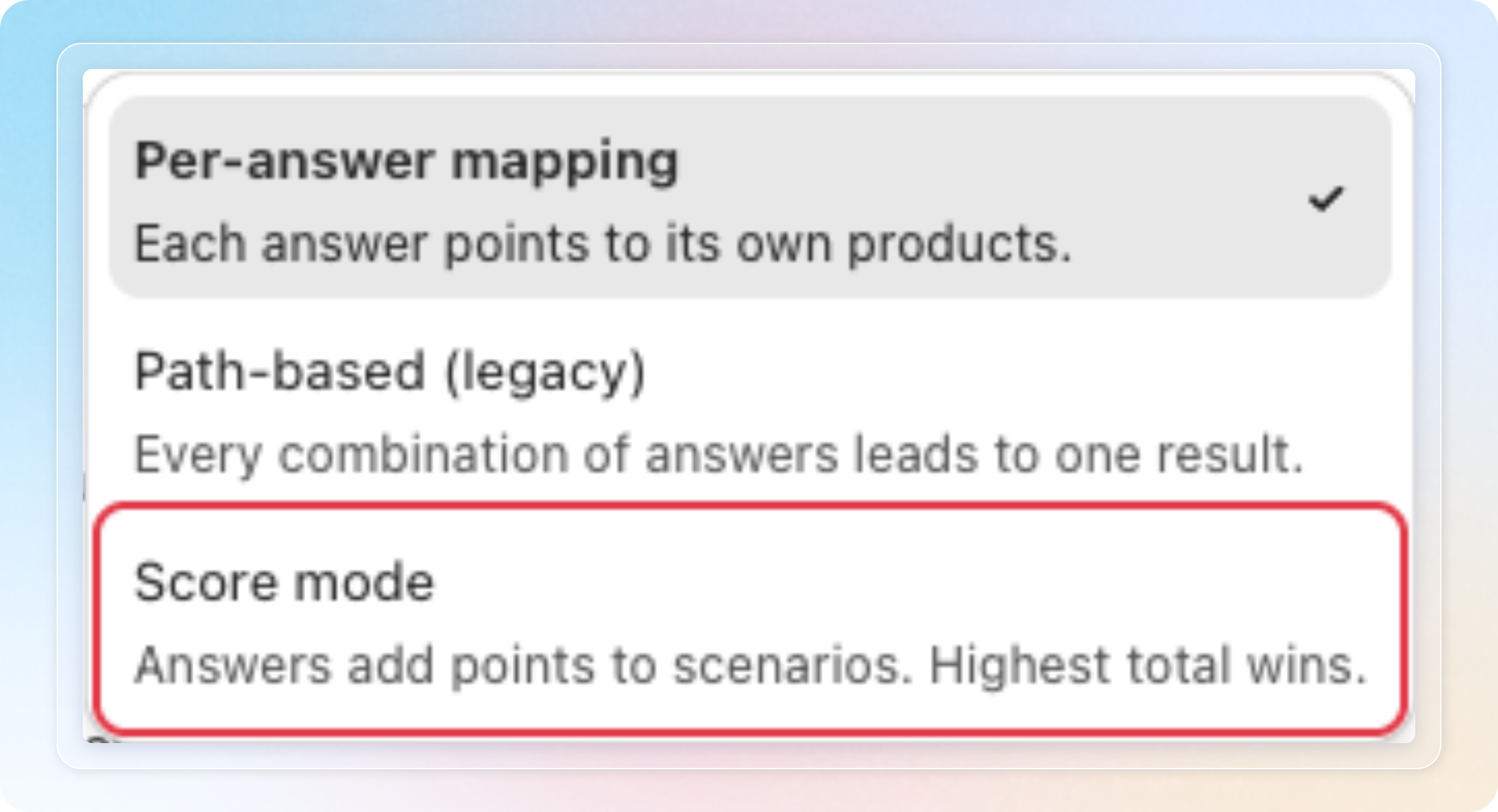 Result logic tab with the method list open and Score mode in it