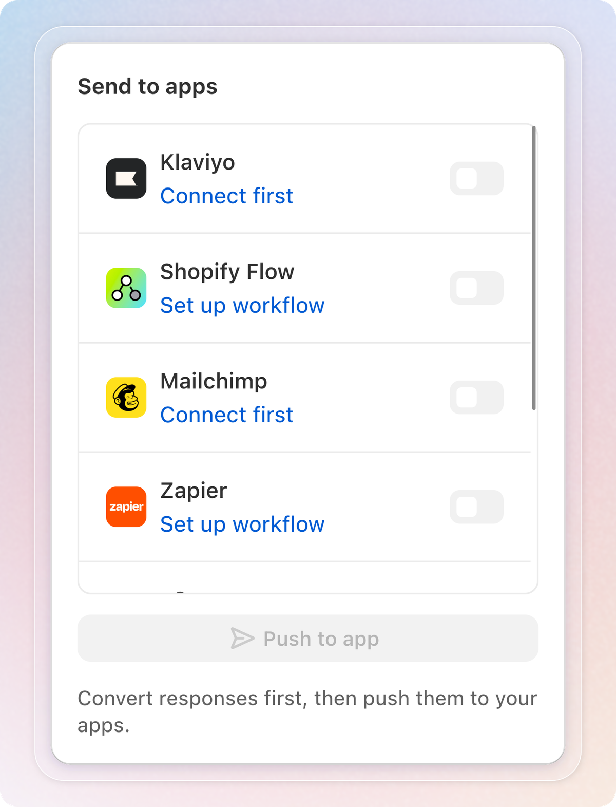 The Send to apps card with the app list, a toggle on each row and the Push to app button
