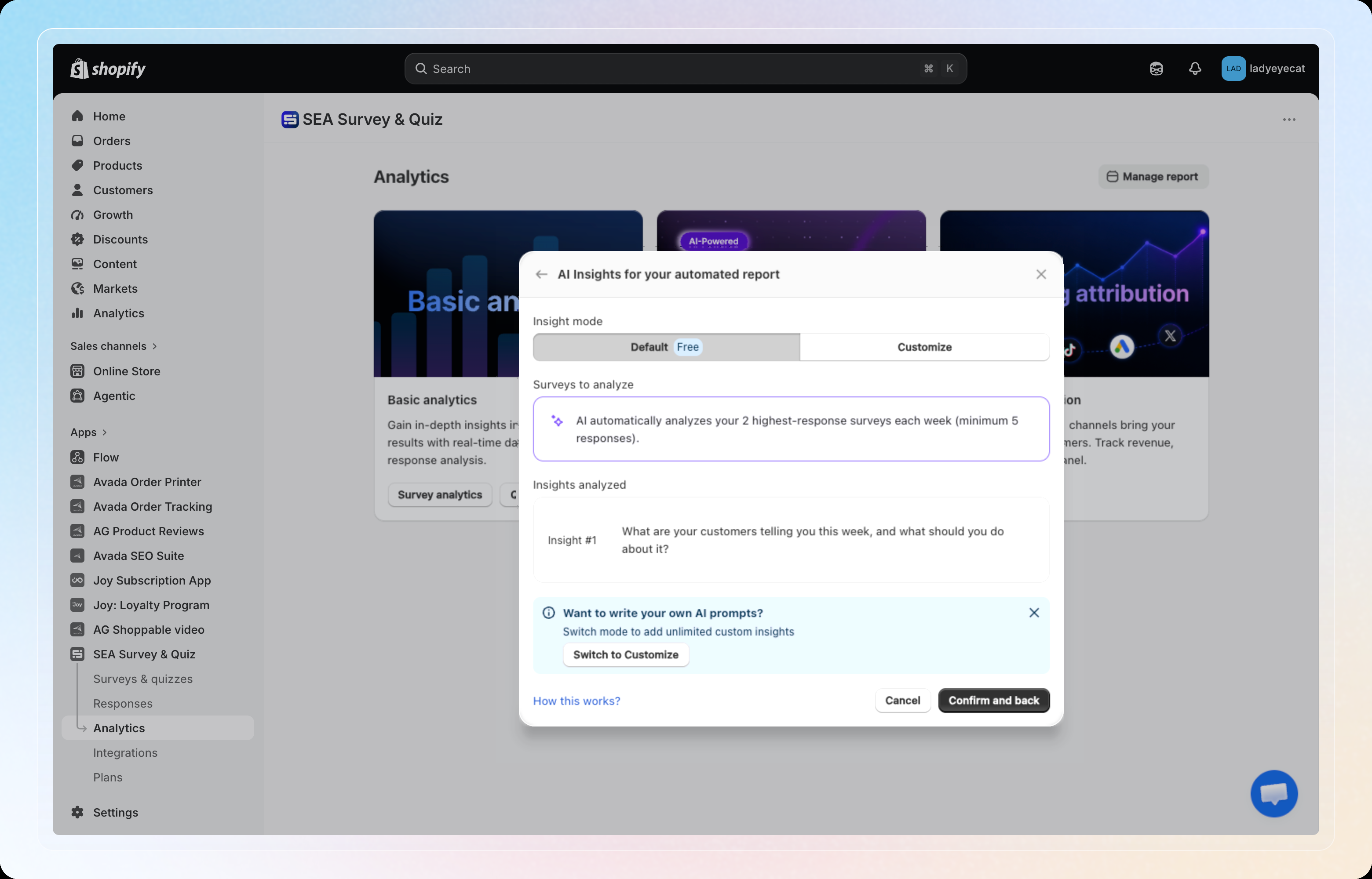 AI Insights sub-modal in Default mode, with the fixed insight and a nudge to switch to Customize