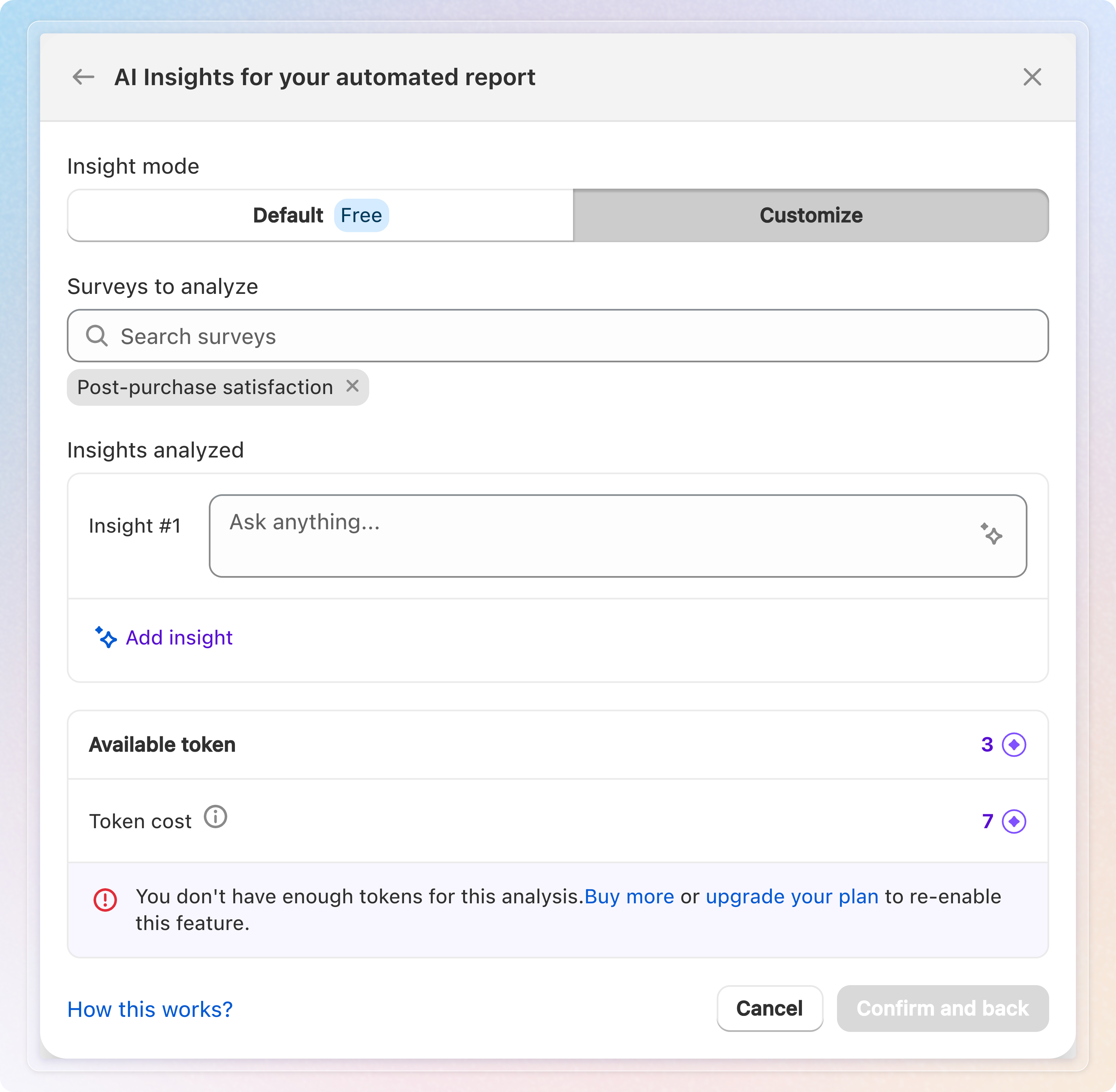 Banner shown when the token balance is below the estimated cost, with links to buy more tokens or upgrade the plan