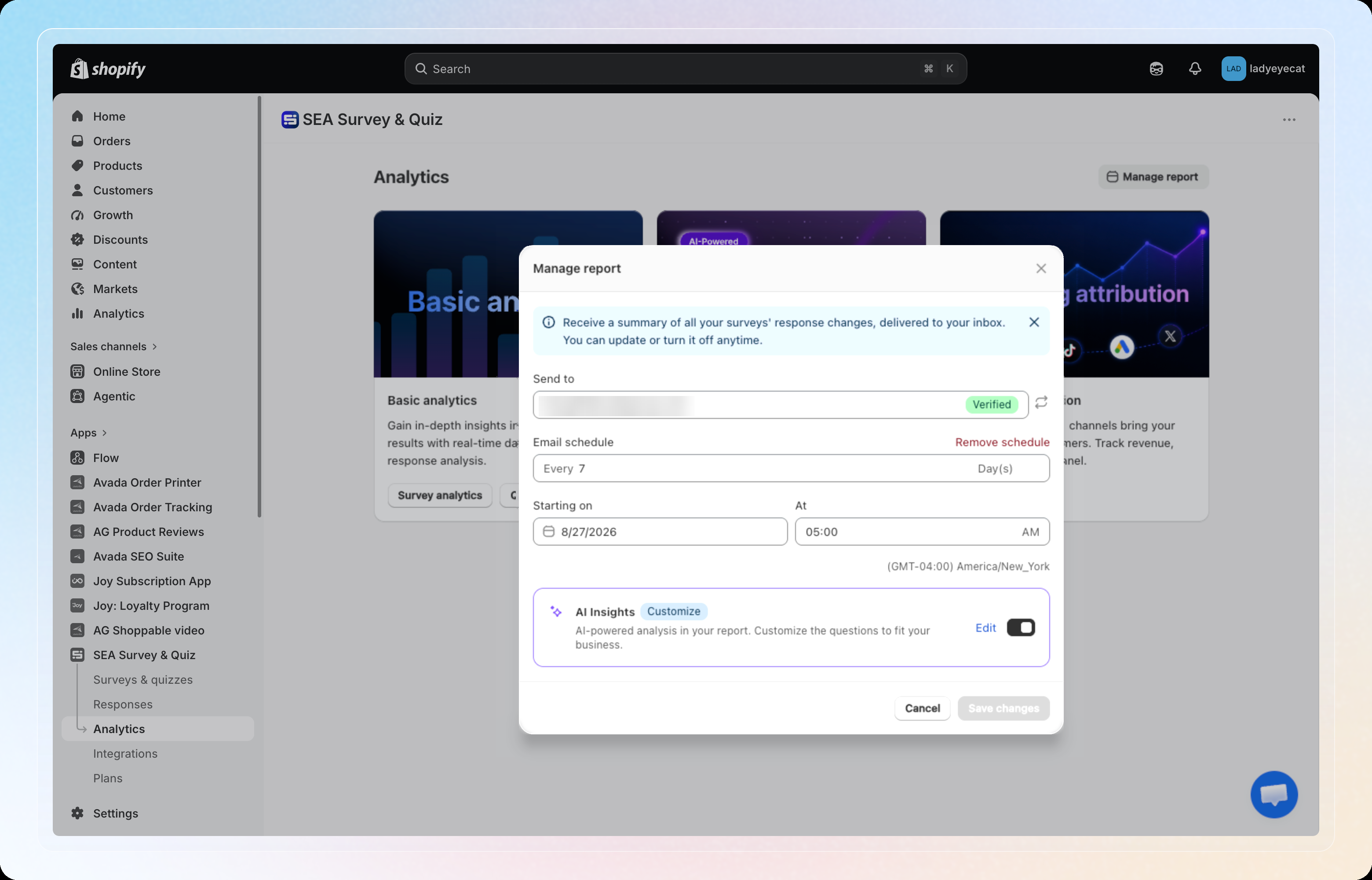 Manage report modal, showing send-to email, schedule, and the AI Insights card