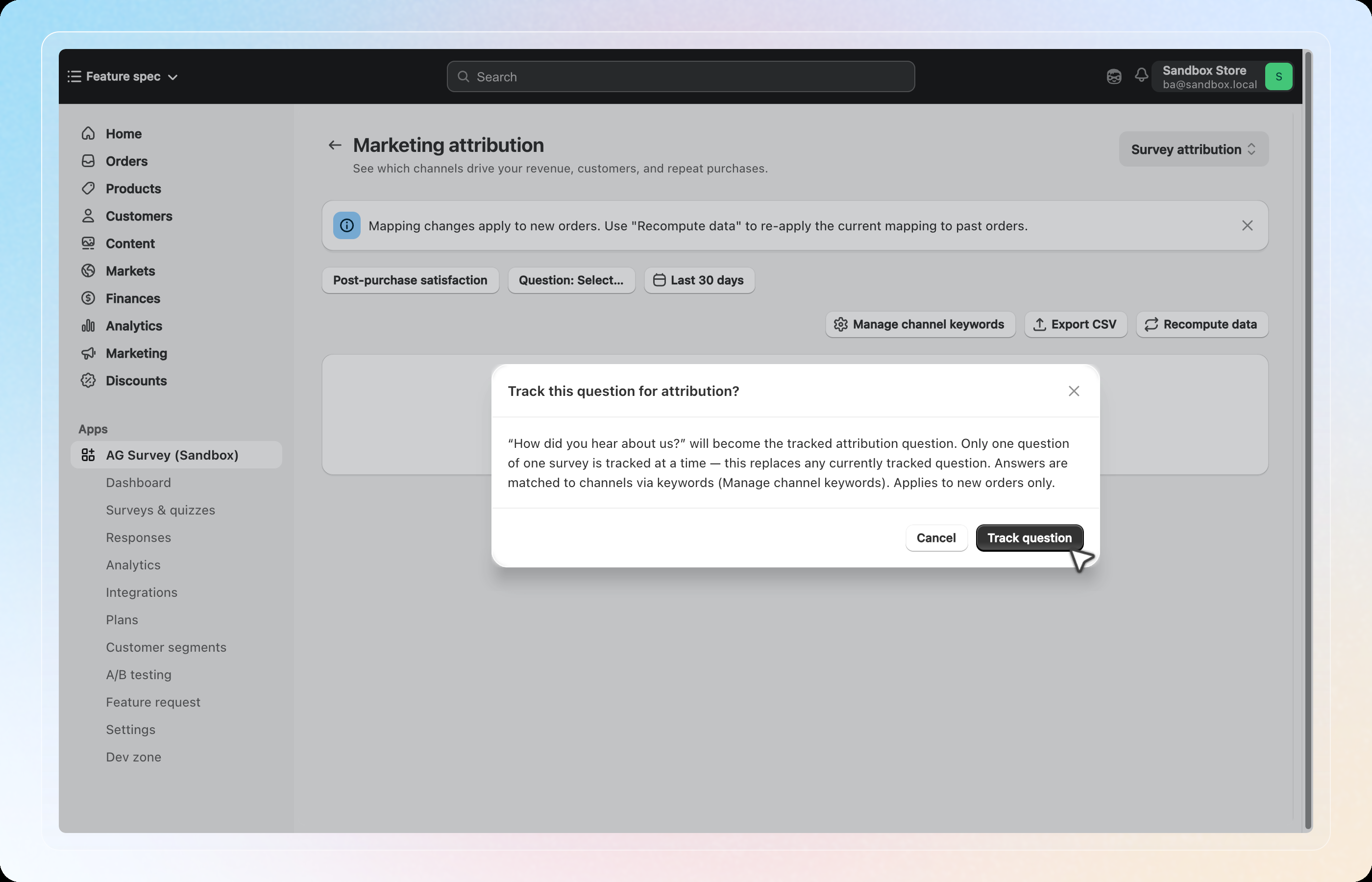 Confirmation dialog before tracking a question for attribution