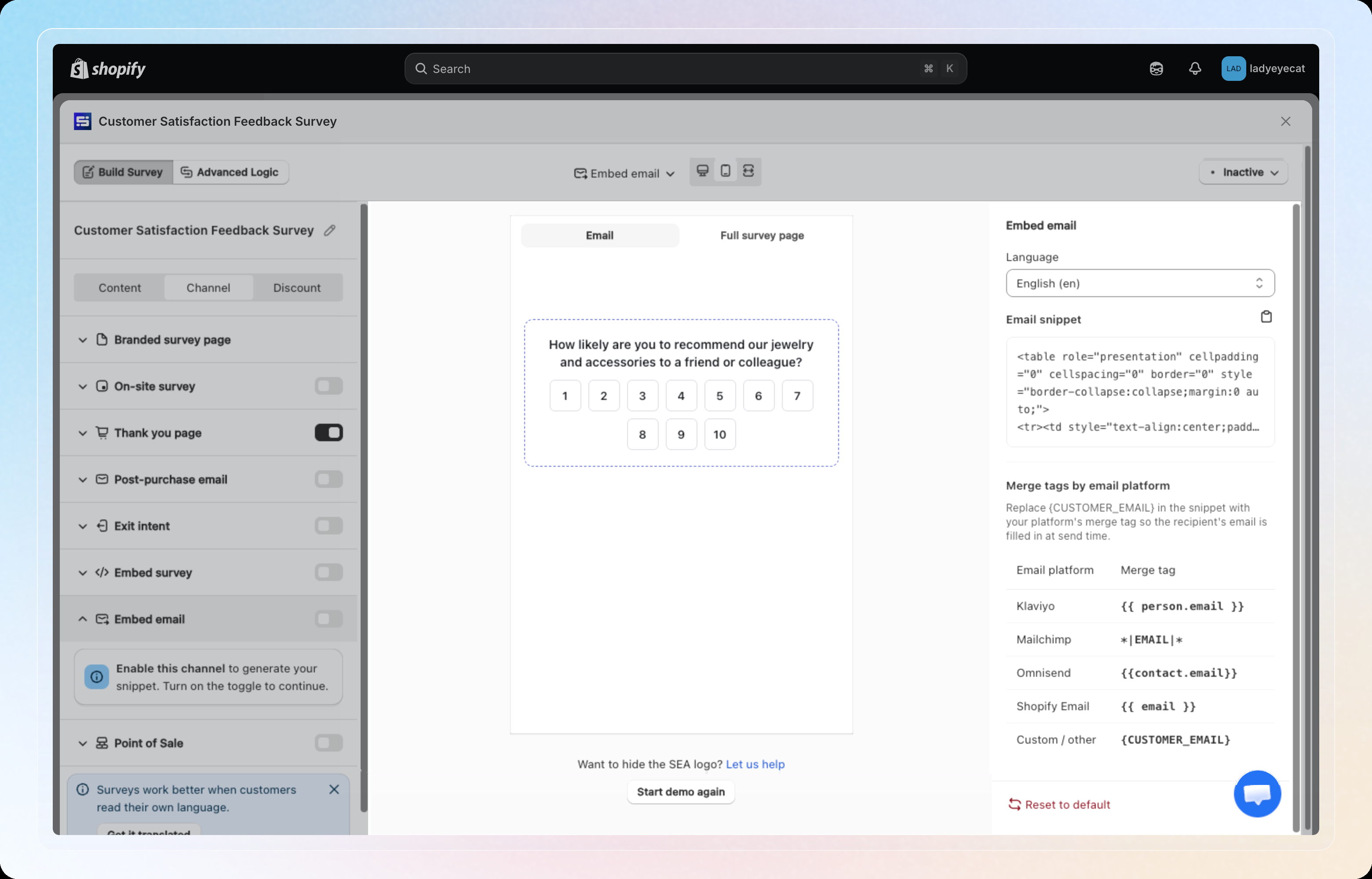 Embed email channel panel, showing the email preview and merge tag table