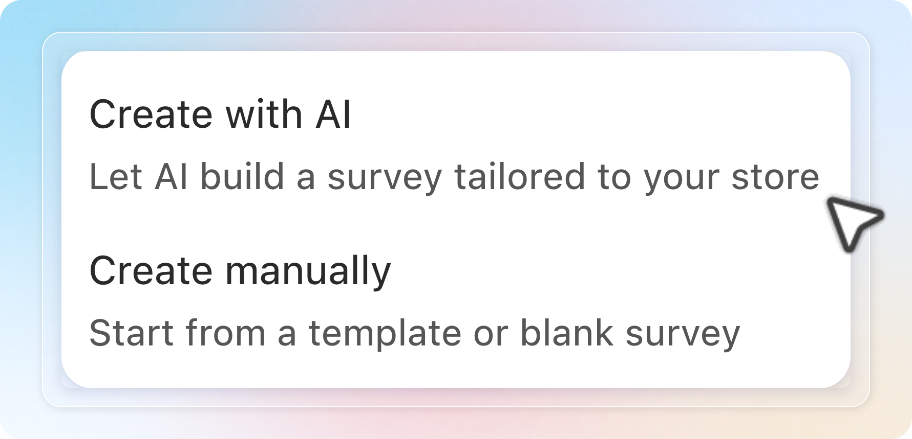 Create new survey menu with Create with AI and Create manually options