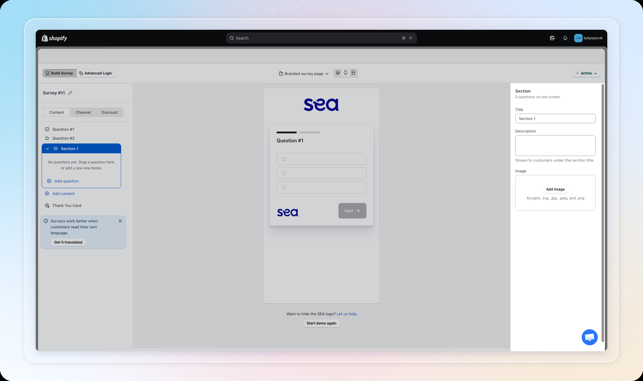 A new empty Section created in the question list, with its settings panel open